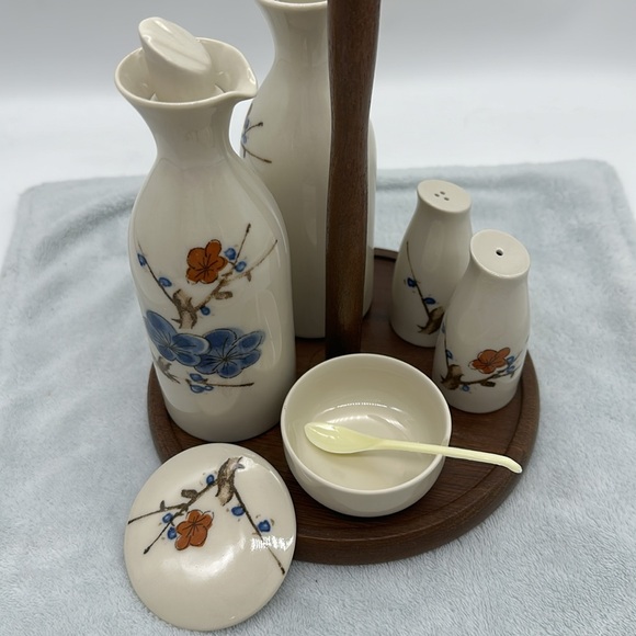 Vintage Cruet 6-Piece Set-Porcelain/Ceramic/Wood with Table Caddy - Picture 3 of 12